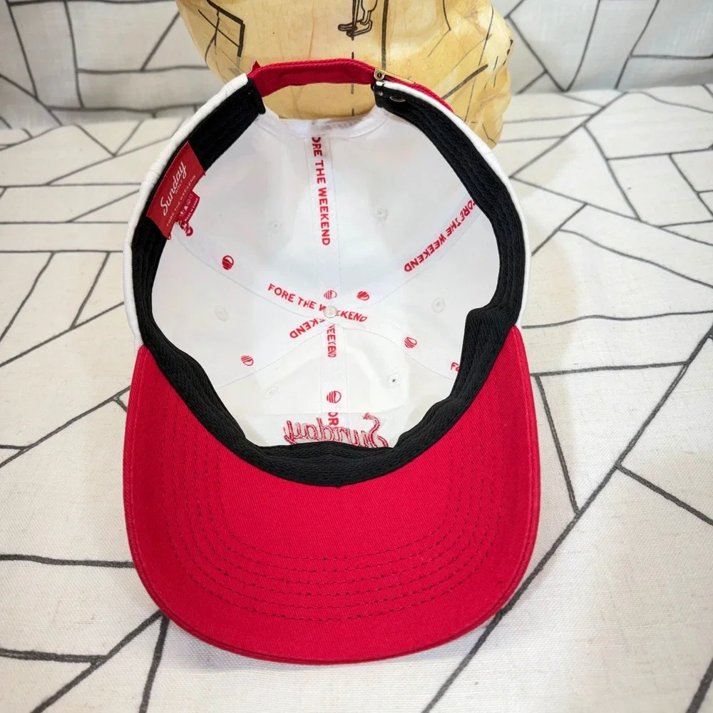 Sunday Golf Hat OS White Red Embroidered Logo Adjustable Strapback Dad Cap